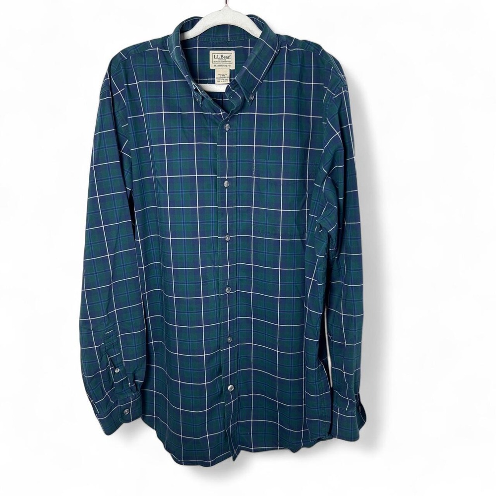 L.L. Bean Mens Large Button Down Shirt Green Blue Plaid 100% Cotton Long Sleeves